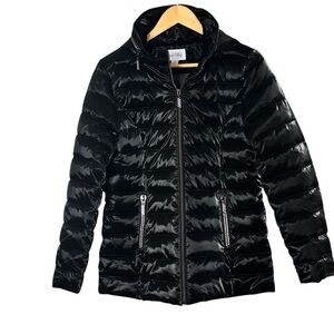 Joseph Ribkoff Glossy Black Quilted Puffer Jacket, Rhinestone Details/Hood, S